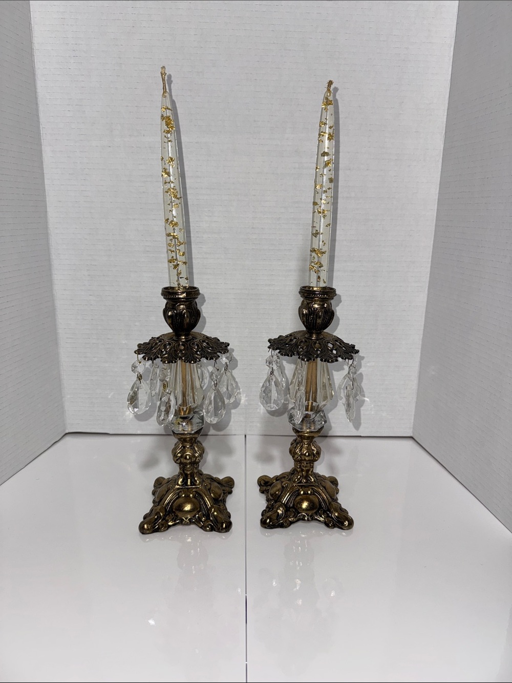 Crystal Drop Brass Candle Holders with 8” gold fleck lucite candlesticks